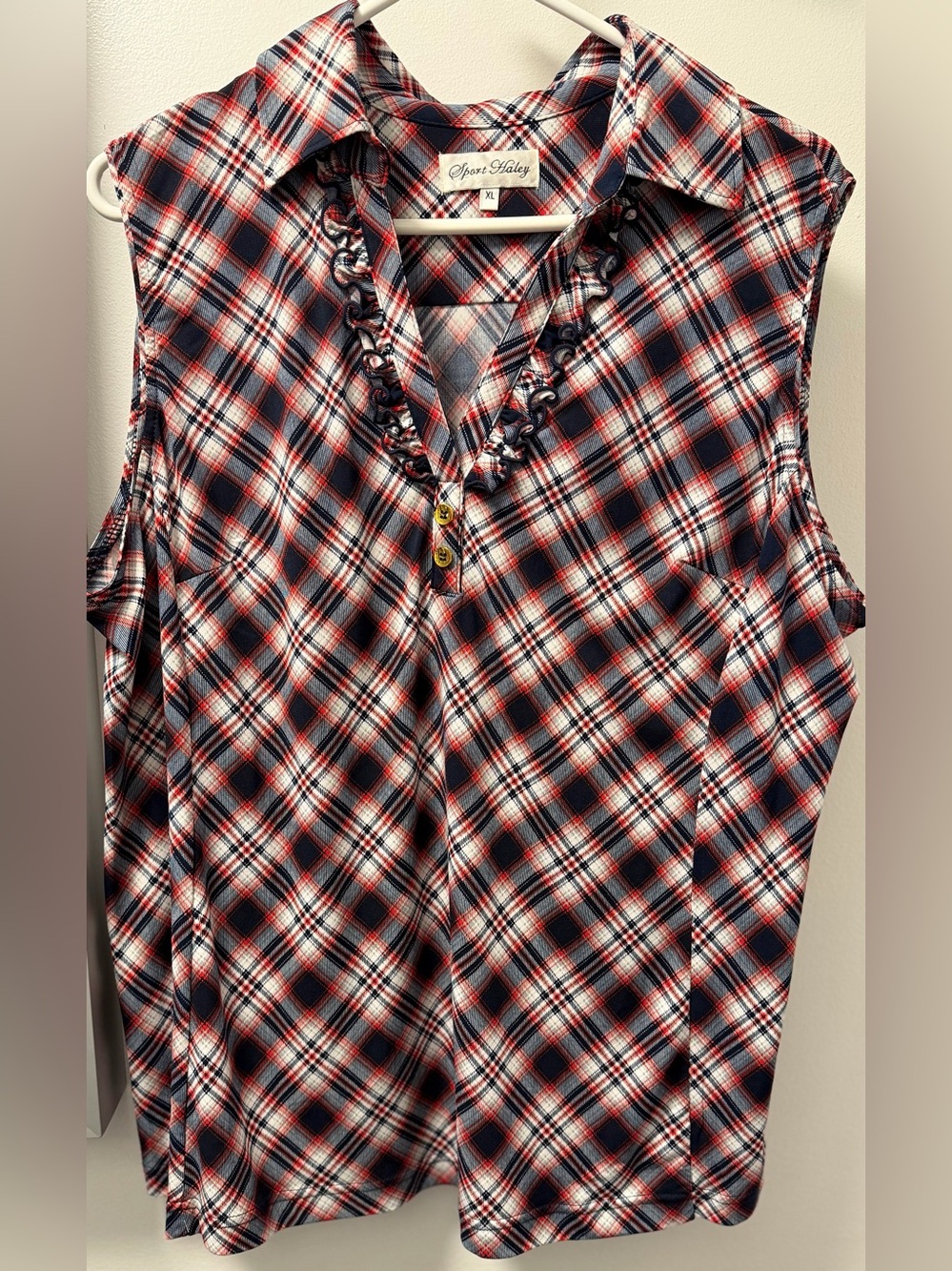 Sport Haley Plaid Sleeveless Button-Front V-Neck Top in Red, Navy & White